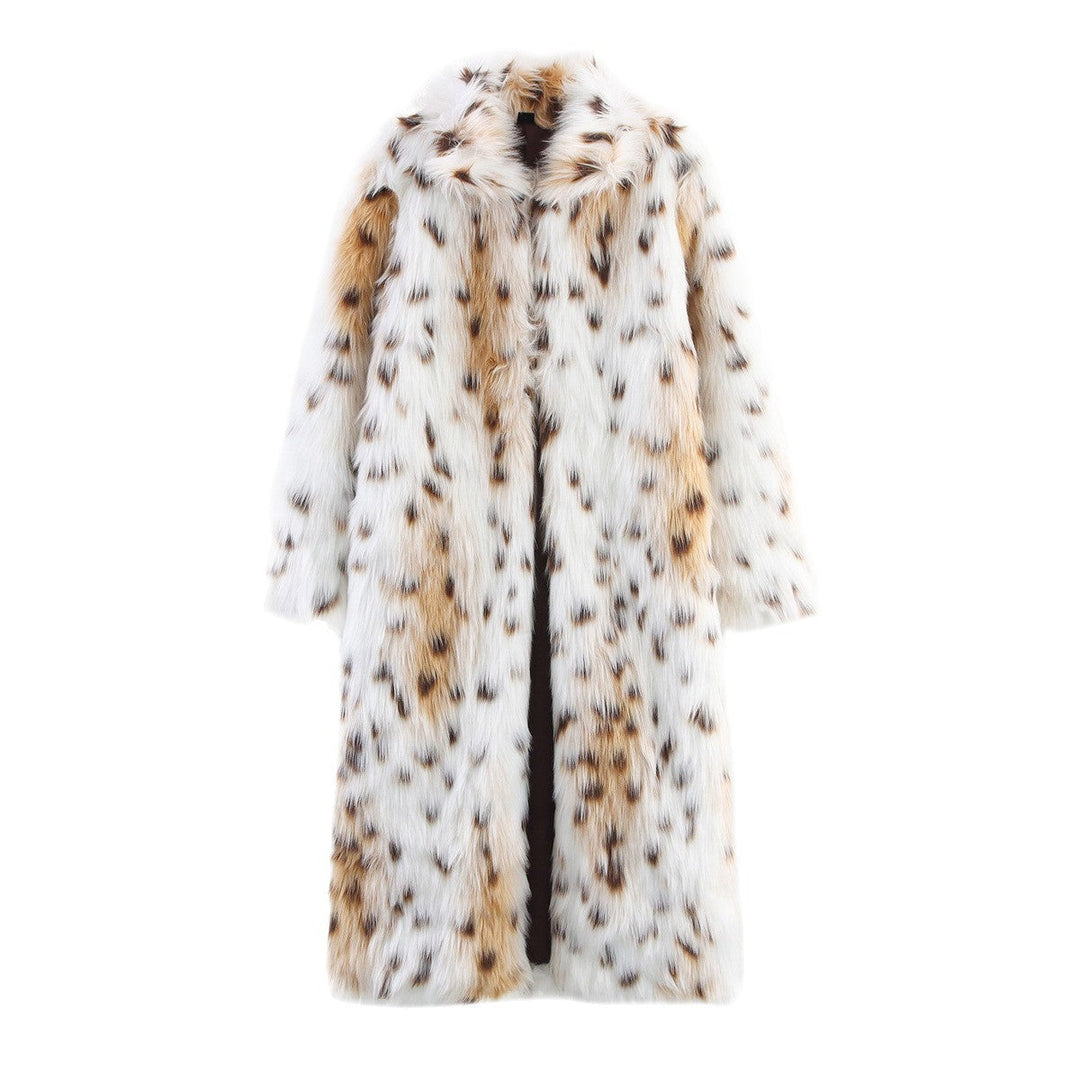 Dam Lång Oversized Konstpäls Kappa med Spotted Wildcat Tryck och Ståkrage