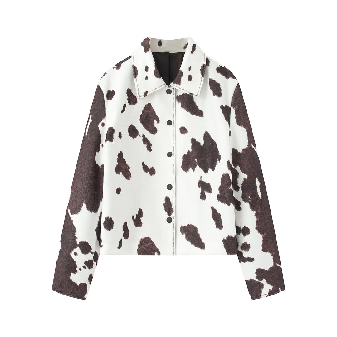 Dam cropped shirt jacka med cow tryck, boxy silhuett och snap knäppning