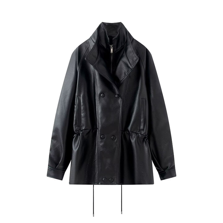 Dam Double-Breasted Jacka i Konstläder med Stå Krage, Wide Lapel och Drawstring
