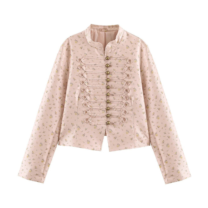 Dam Kort Brocade Look Military Blouson Jacka med Frog Knapp Knäppning