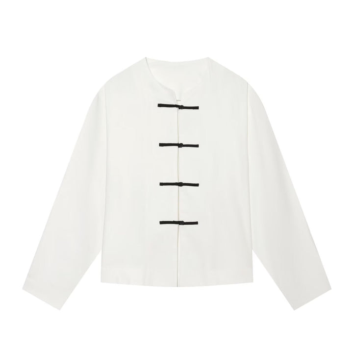 Dam Boxig Jacka med Mandarin Krage och Dekorativ Knot Closures