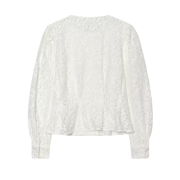 Dam Lace Jacka med Delicate Blommig Lace, Dekorativ Knapp Knäppning och Balloon Ärmar