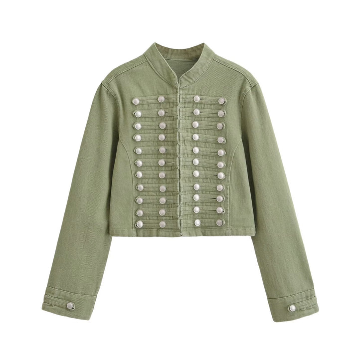 Dam Denimjacka i Military Stil med Stå Krage och Dekorativ Knapp Plackets