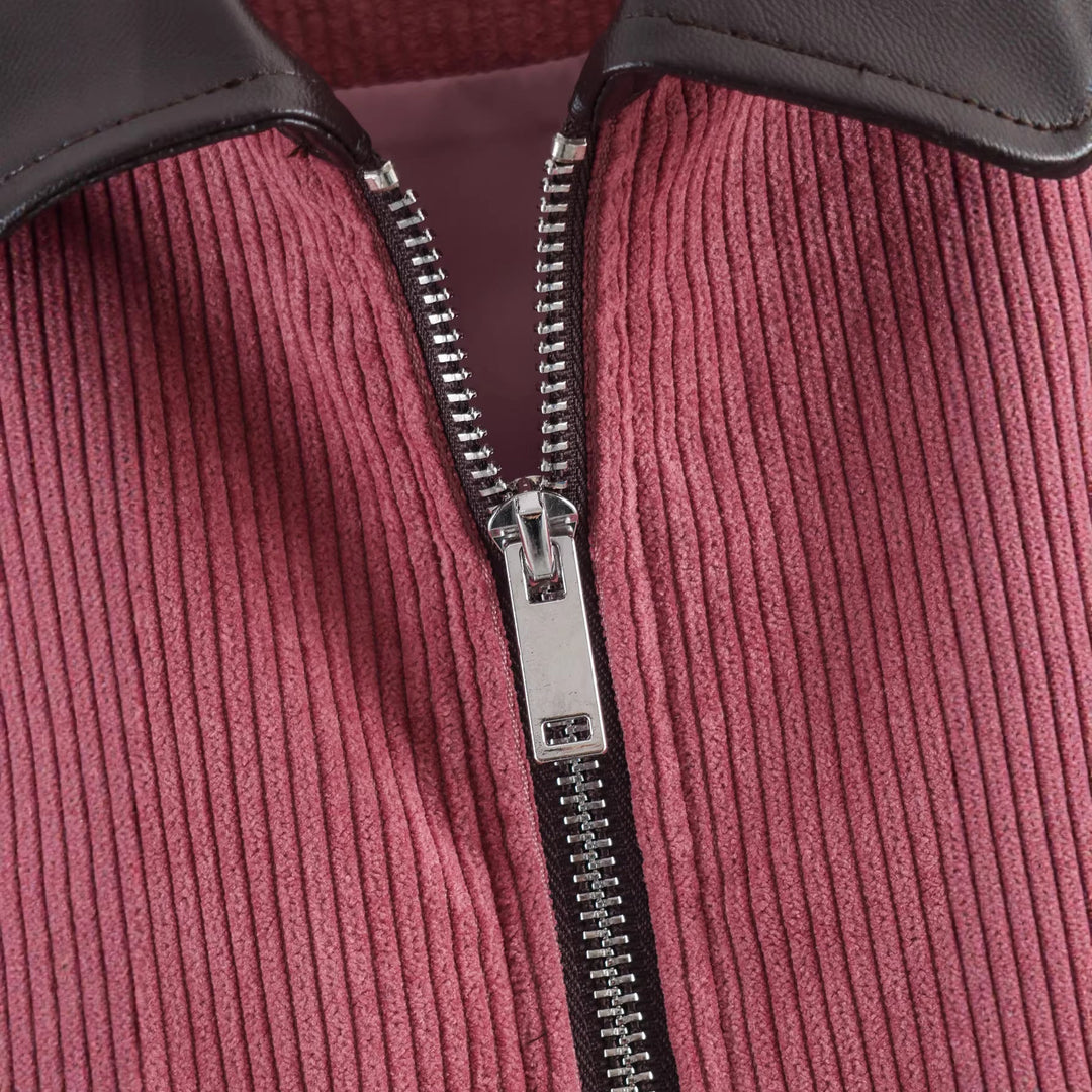 Dam Kort Cord Jacka med Dragkedja, Stora Lock Fickor och Faux Läder Krage
