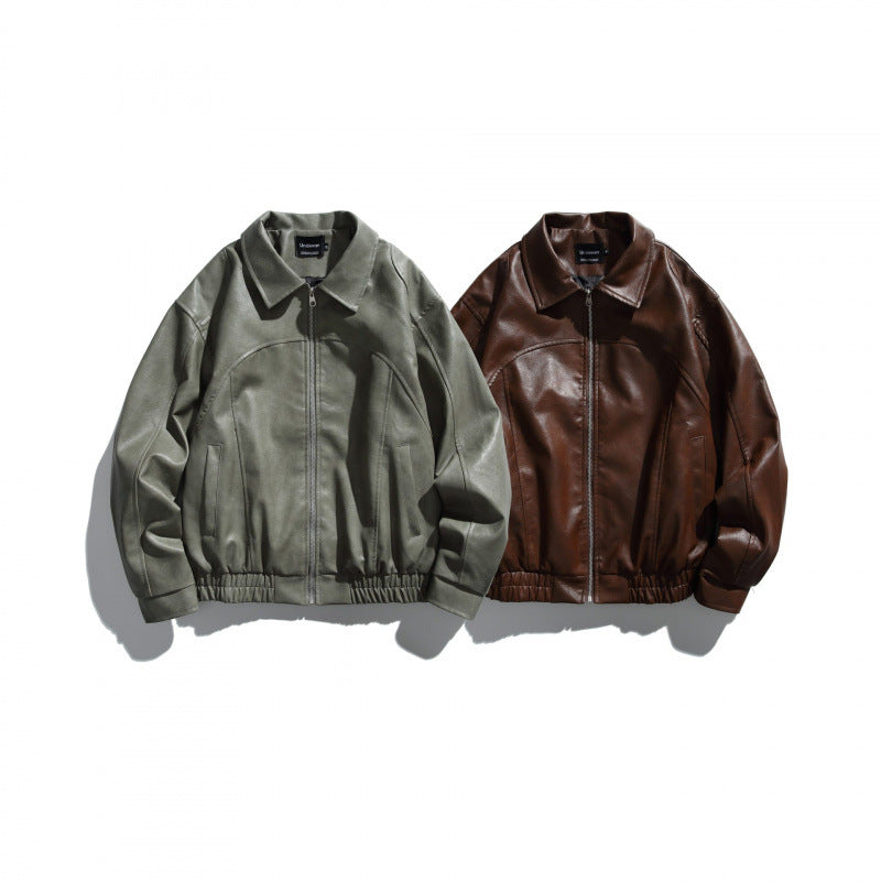 Herr kort boxig läderlook blouson jacka med skjortkrage, front dragkedja och elastisk fåll