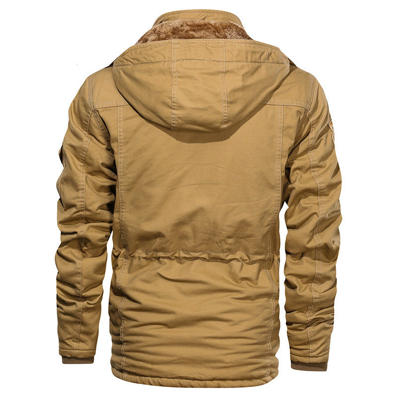 Herr Military-Inspired Canvas Fältjacka med Huva, Dragsko Midja och Fleecefoder