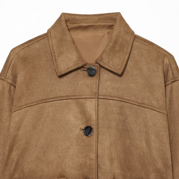 Dam Boxig Jacka i Velvet Look med Patch Fickor
