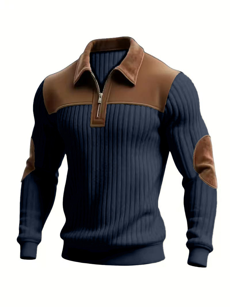 Herr Ribbad Halv Dragkedja Pullover med Contrasting Läder Appliqués On Shoulders och Elbows