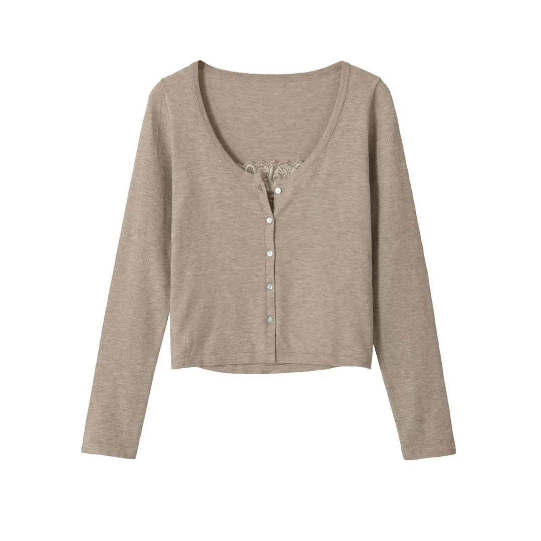 Dam Fine Knapp Jacka med Lace Detail och Boat Neck