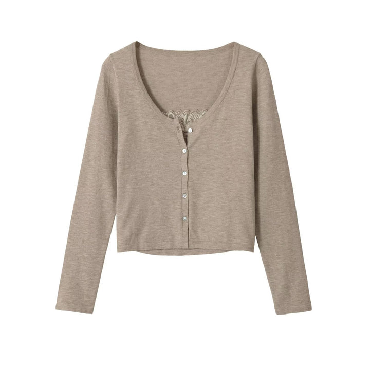 Dam Fine Knapp Jacka med Lace Detail och Boat Neck