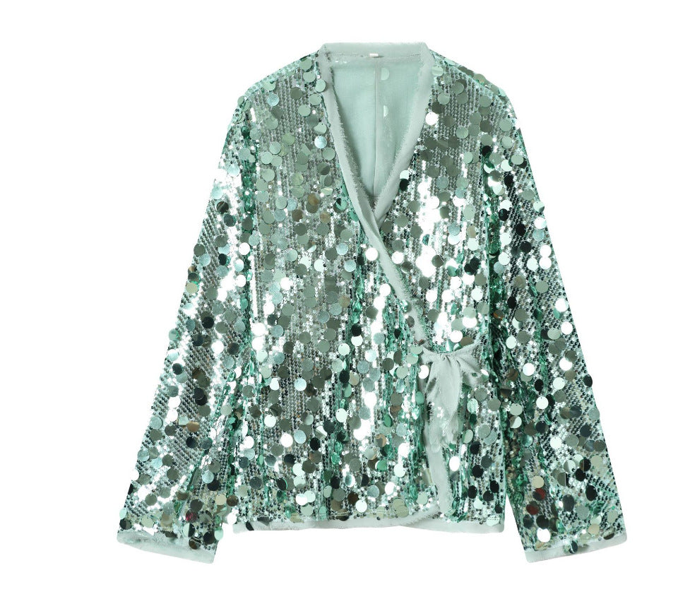 Dam 1900+ Wrap Blouson Jacka med Stora Sequins och Satin Ribbon