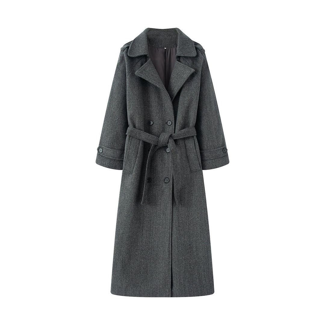 Dam longer ullblandning trenchcoat med sjalkrage, midjebälte, och double-breasted knäppning