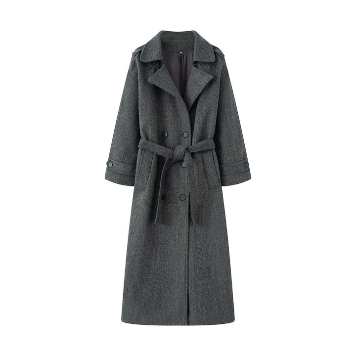 Dam longer ullblandning trenchcoat med sjalkrage, midjebälte, och double-breasted knäppning