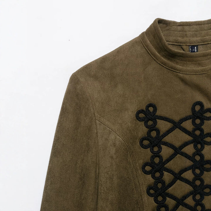 Dam Tailored Kort Suede Blouson med Military Cord Application och Stå Krage