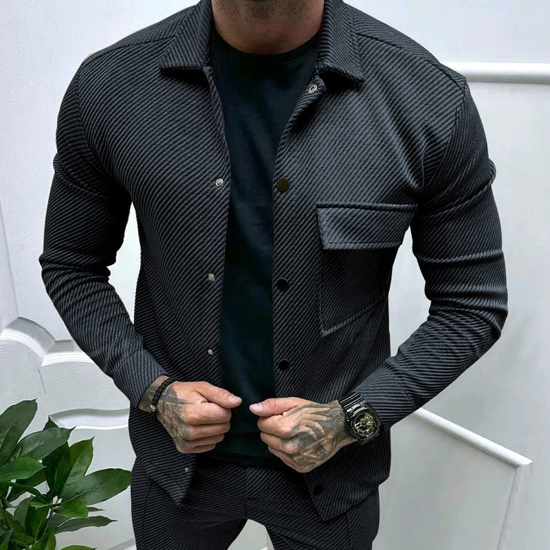 Herr slim ribbad structure overshirt jacka med tryckknapp stängning och bröst lock
