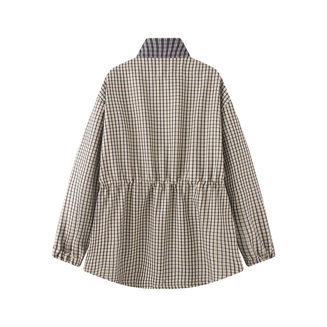 Dam Lätt Checked Parka Jacka med Drawstring Waist och Stå Krage