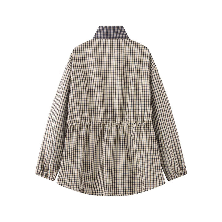 Dam Lätt Checked Parka Jacka med Drawstring Waist och Stå Krage
