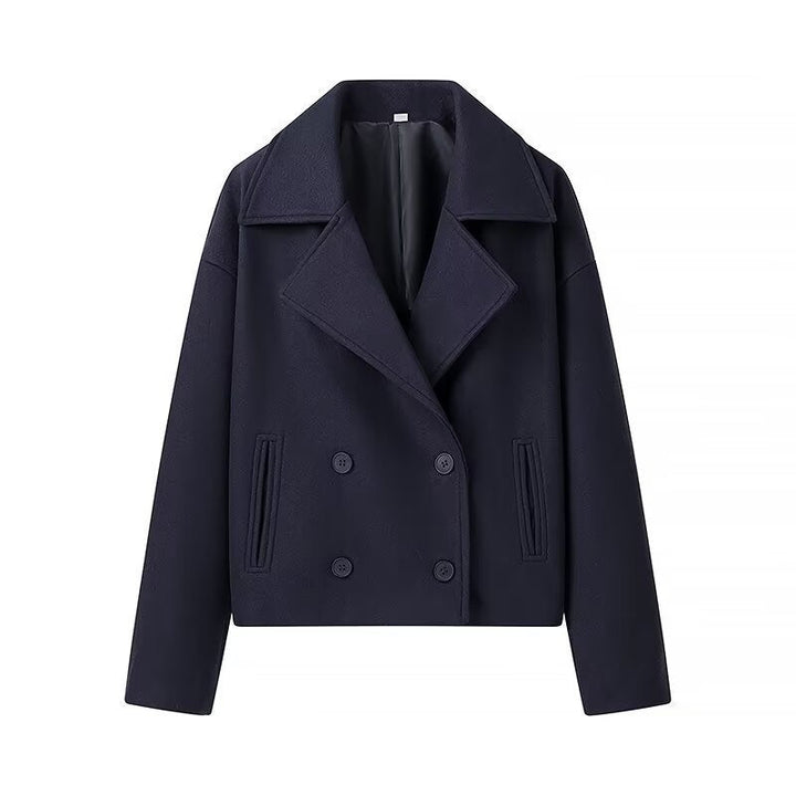 Dam kort Boxy ullblandning Peacoat med Double-Breasted knappslå och utanpåfickor