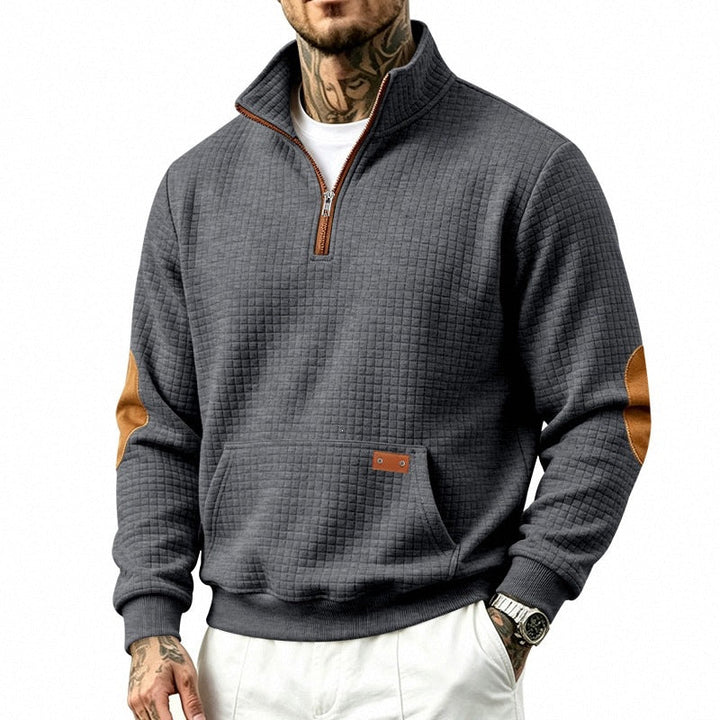 Herr Quiltad Structure Pullover med Halv Dragkedja, Elbow Lappar, och Känguruficka