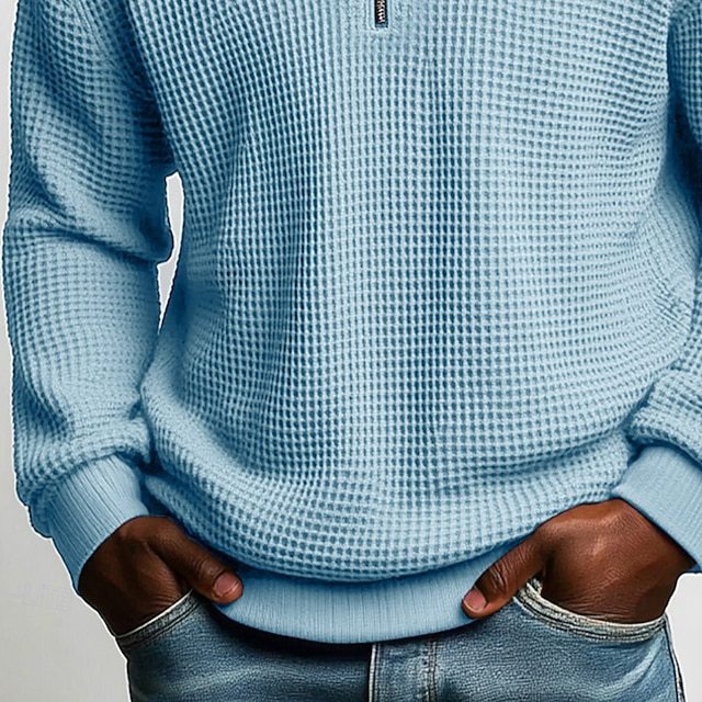 Herr Strukturerad Waffle Stickad Pullover med Polo Krage och Kort Dragkedja