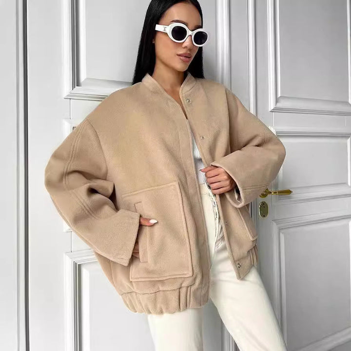 Dam kort skuren boxy ullblandning blouson med snap knappslå och utanpåfickor