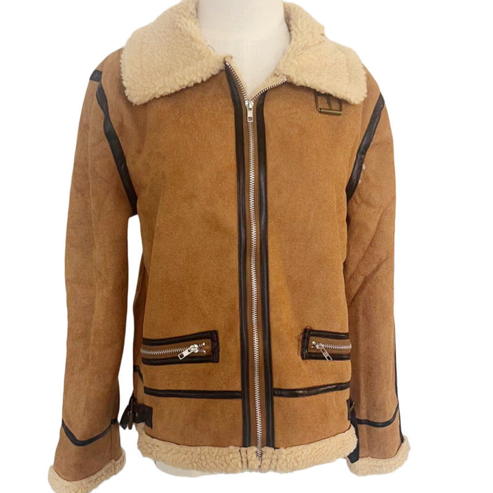 Dam kort skärning Aviator Sheepskin Imitation jacka med teddyfoder och konstläder Trim