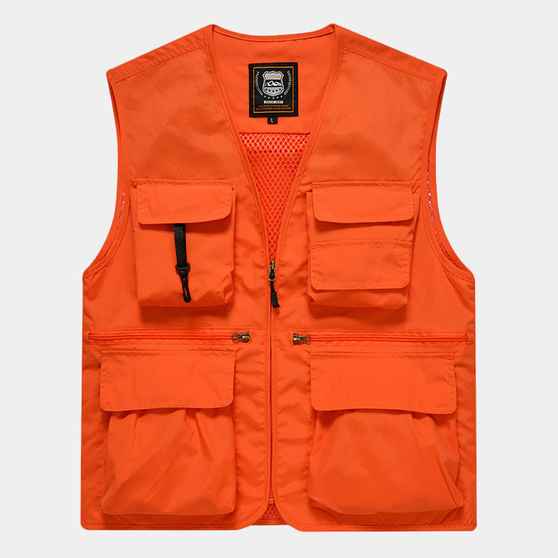 Herr Multi-Pocket Fishing Väst Tillverkad av Canvas med Mesh Ventilation och Dragkedja