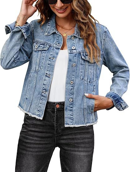 Dam kort denimjacka med fringe fåll och patched bröstfickor
