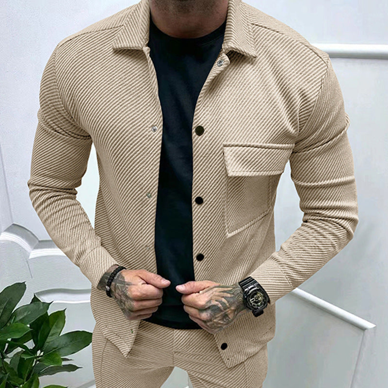 Herr slim ribbad structure overshirt jacka med tryckknapp stängning och bröst lock