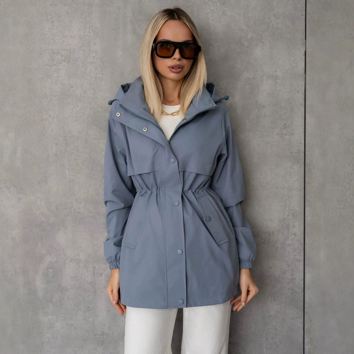 Dam Water-Repellent med Huva Parka med Midja med Dragsko och Utanpåfickor