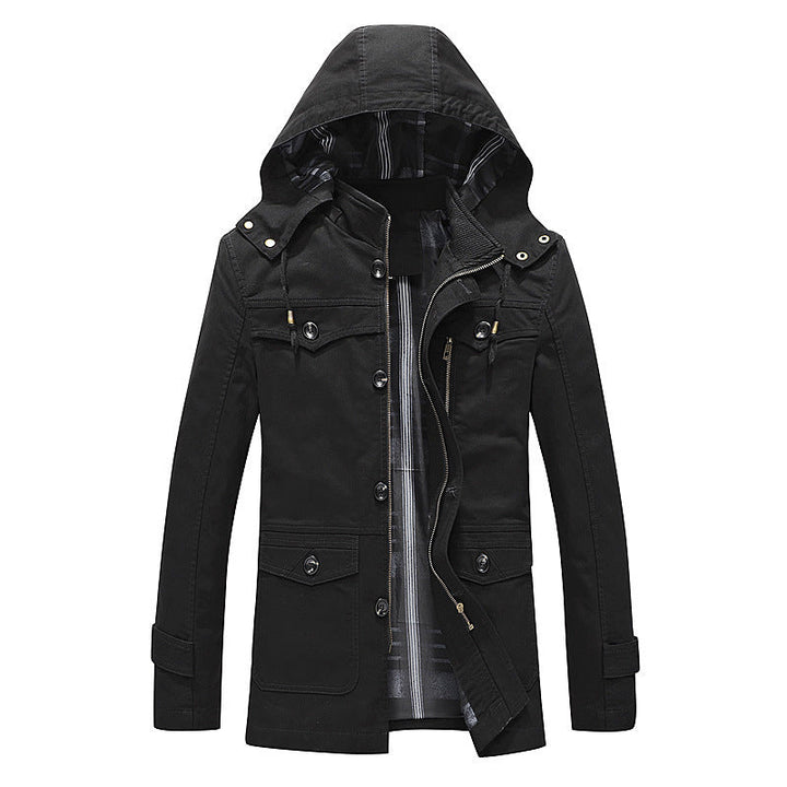 Herr Canvas Parka med Fodrad Huva, Rutig Foder och Multifunctional Yttre Fickor