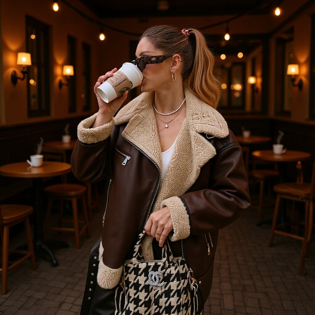 Dam vadderad Aviator jacka in Aviator stil med teddyfoder och dragkedja