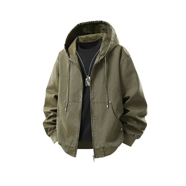 Herr Oversized Luvtröja Jacka Gjord av Washed Canvas med Dragkedja och Utility Fickor