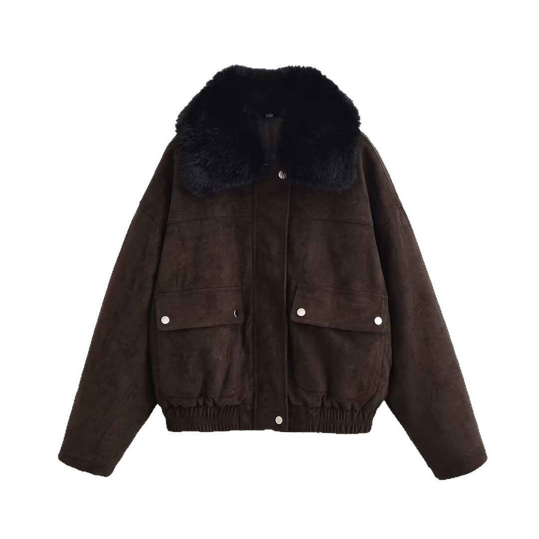 Dam Oversized Aviator Jacka Gjord av Mocka Läder Imitation med Stor Konstpäls Krage