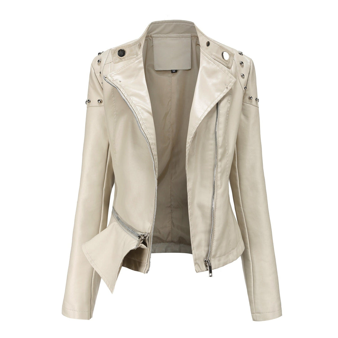 Dam asymmetric konstläder bikerjacka med stud application och figursydd peplum