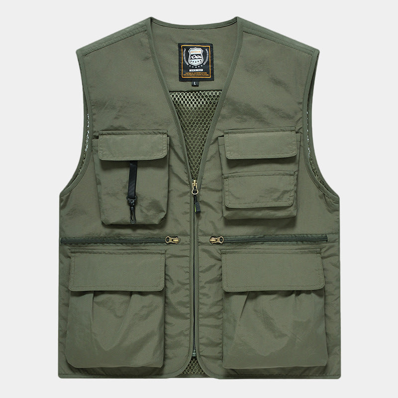 Herr Multi-Pocket Fishing Väst Tillverkad av Canvas med Mesh Ventilation och Dragkedja