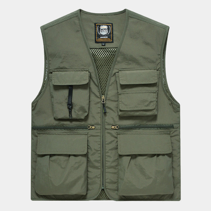 Herr Multi-Pocket Fishing Väst Tillverkad av Canvas med Mesh Ventilation och Dragkedja