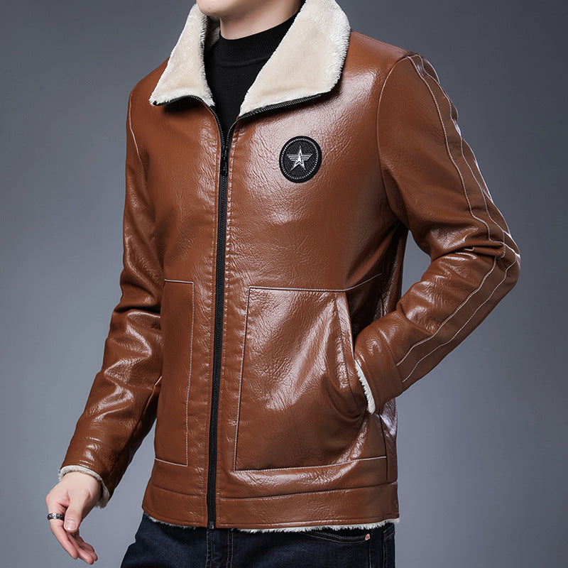 Herr Pilot Blouson i Läder Look med Sherpa Foder och Stående Krage