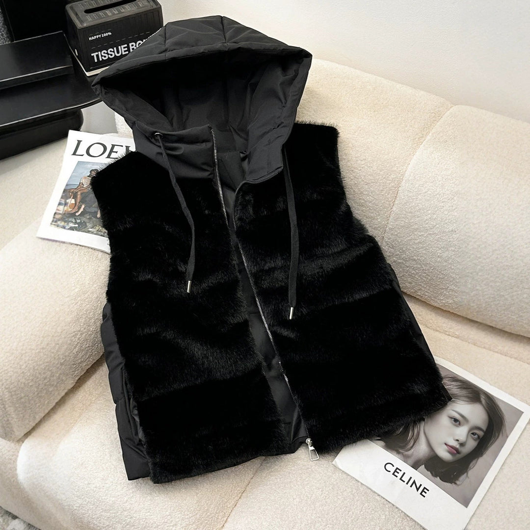 Dam Reversible plysch och quiltad väst med huva och Two-Way dragkedja