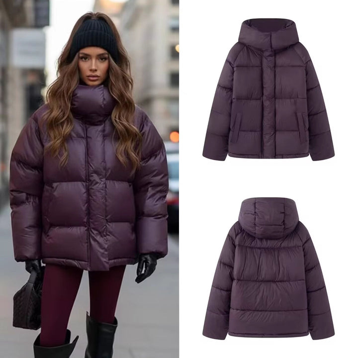 Dam Kort Skärning Oversized Quiltad Jacka med Hög Krage och Huva
