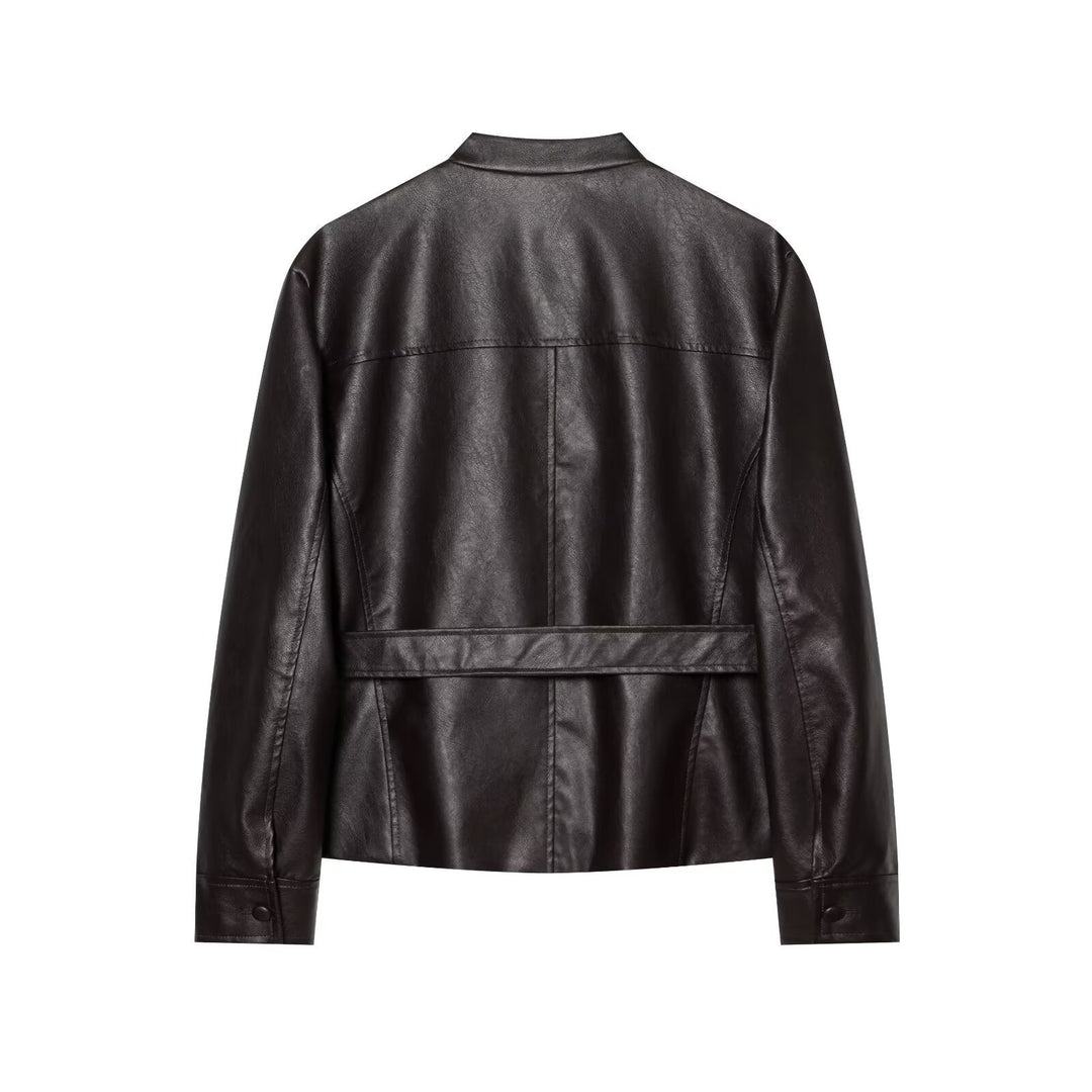 Dam Tailored Faux Läder Blouson Jacka med Ties, Lock Fickor och Stå Krage