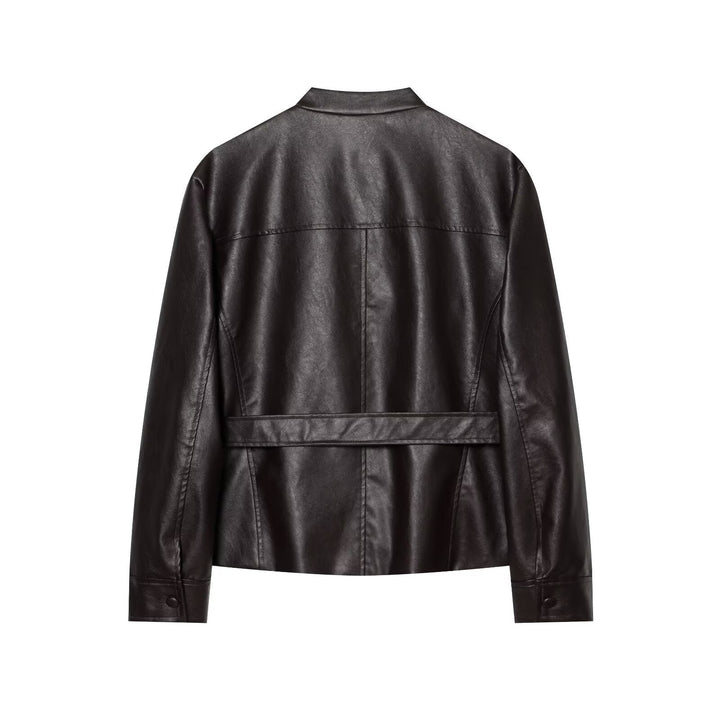 Dam Tailored Faux Läder Blouson Jacka med Ties, Lock Fickor och Stå Krage
