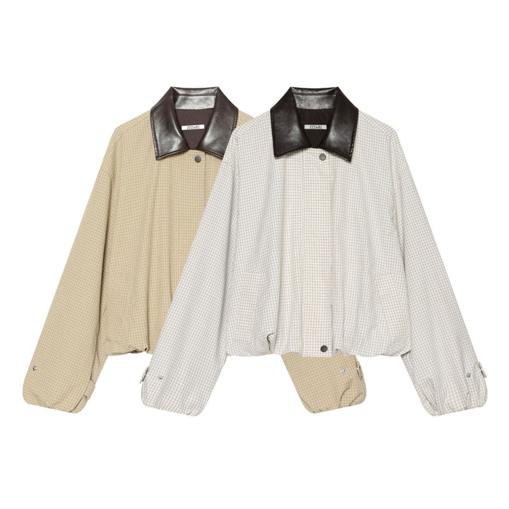 Dam Oversized Boxig Jacka med Rutigt Mönster, Konstläder Lapel och Fåll med Dragsko