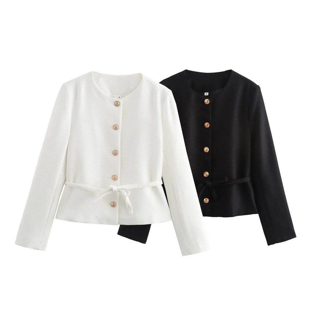 Dam figursydd button jacka med round neckline, waist tie bälte, och fine woven texture