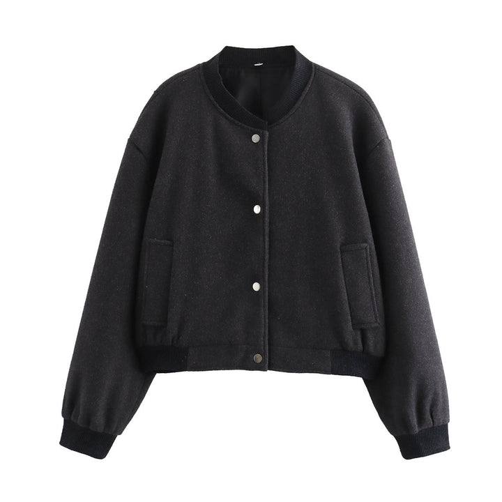 Dam Kort Oversize Collegejacka i Ull Blend med Tryckknapp Knapp Stängning, Side Fickor och Ribbed Muddar