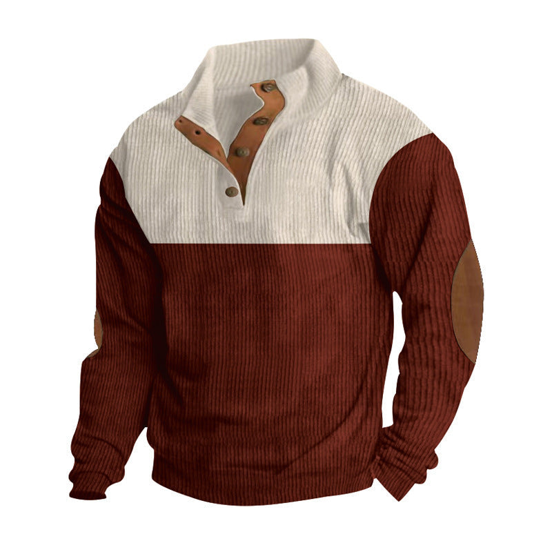 Herr Ribbad Henley Stickad Pullover med Ståkrage Contrast Yoke och Elbow Lappar