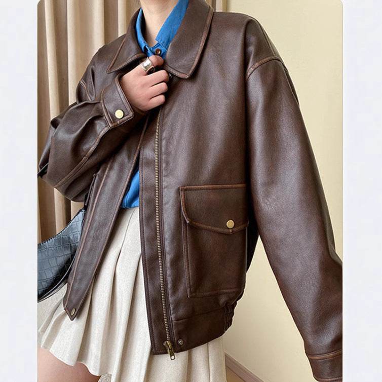 Dam oversize konstläder Blouson med skjortkrage, Flap fickor och dold dragkedja Placket