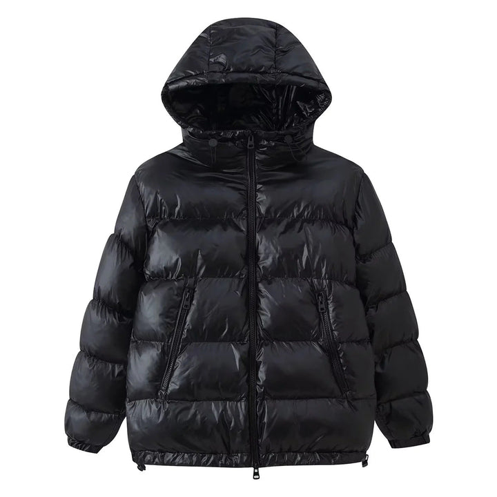 Dam vadderad hooded jacka i down look med drawstring fåll och dragkedja fickor