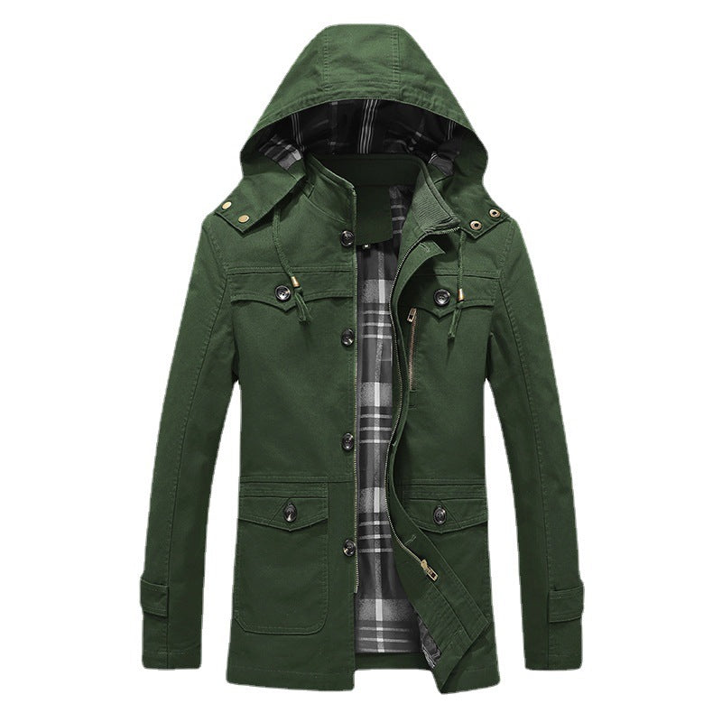 Herr Canvas Parka med Fodrad Huva, Rutig Foder och Multifunctional Yttre Fickor