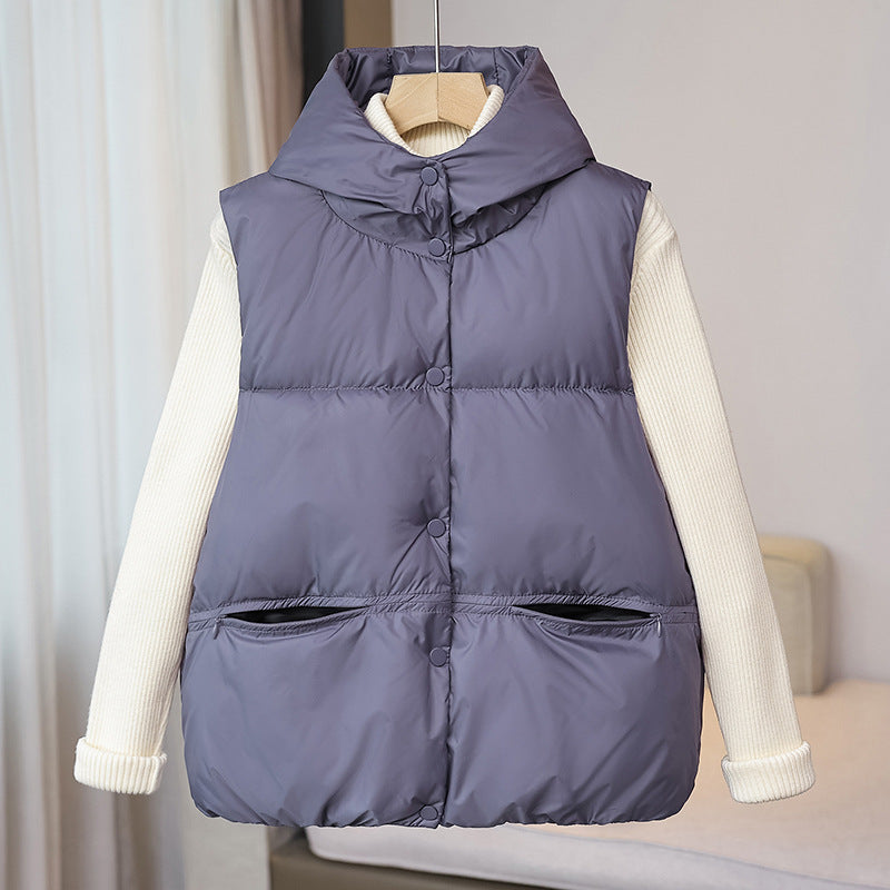 Dam non-vadderad sleeveless thermal väst med voluminous ståkrage, concealed snap knäppning och side dragkedja fickor